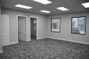 Empty office space with gray walls, white doors, and large windows; patterned gray carpet and ceiling lights illuminate the room.